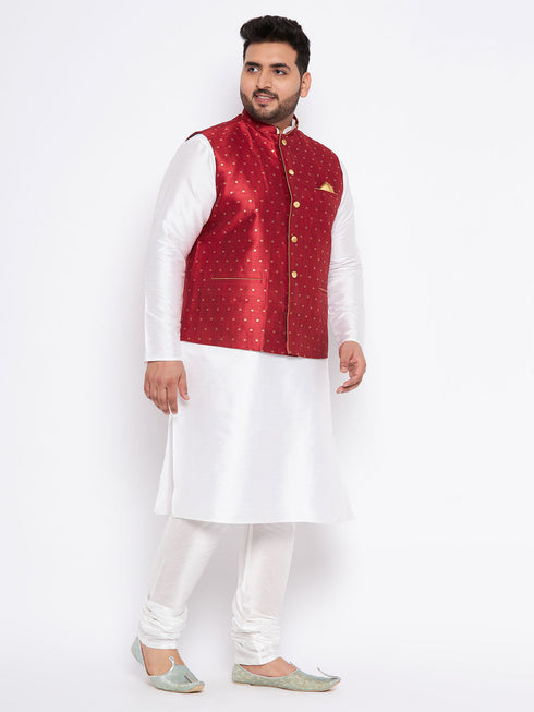 Vastramay Men's Plus Size Maroon Zari Weaved Nehru Jacket With Kurta Pyjama set